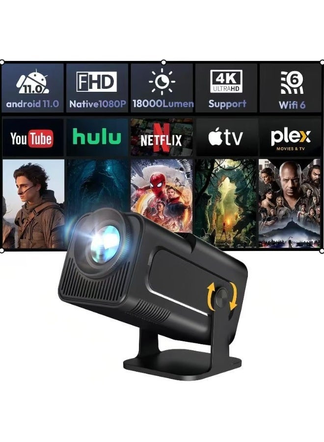 Portable HD Projector - Smart Projector Mini Projector 1080P/4K Smart Projector with Android 11, WiFi 6 & Bluetooth 5.0, 180° Rotatable, 30"-130" Screen, Auto Keystone Correction for Home Theater, Movies, Gaming, Portable Use